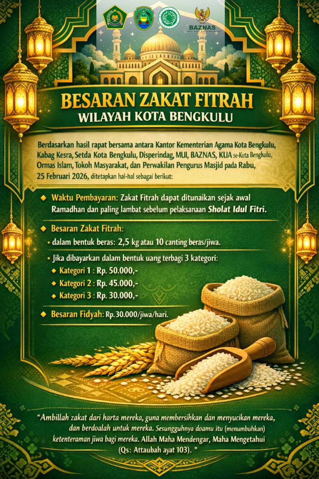 Final! Segini Besaran Zakat Fitrah 2026 di Kota Bengkulu, Terendah Rp30 Ribu
